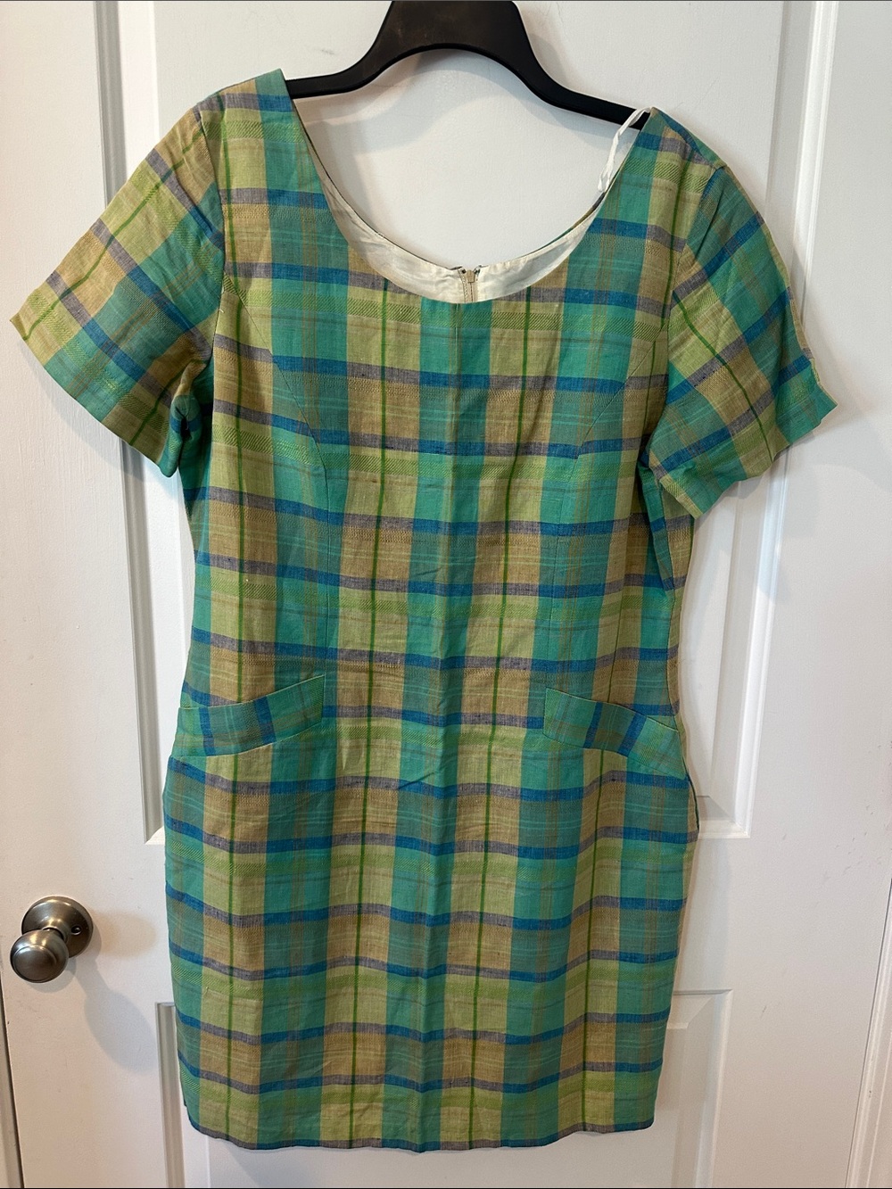 Vintage 90s Plaid Scoop-Neck Midi Dress in Green and Blue